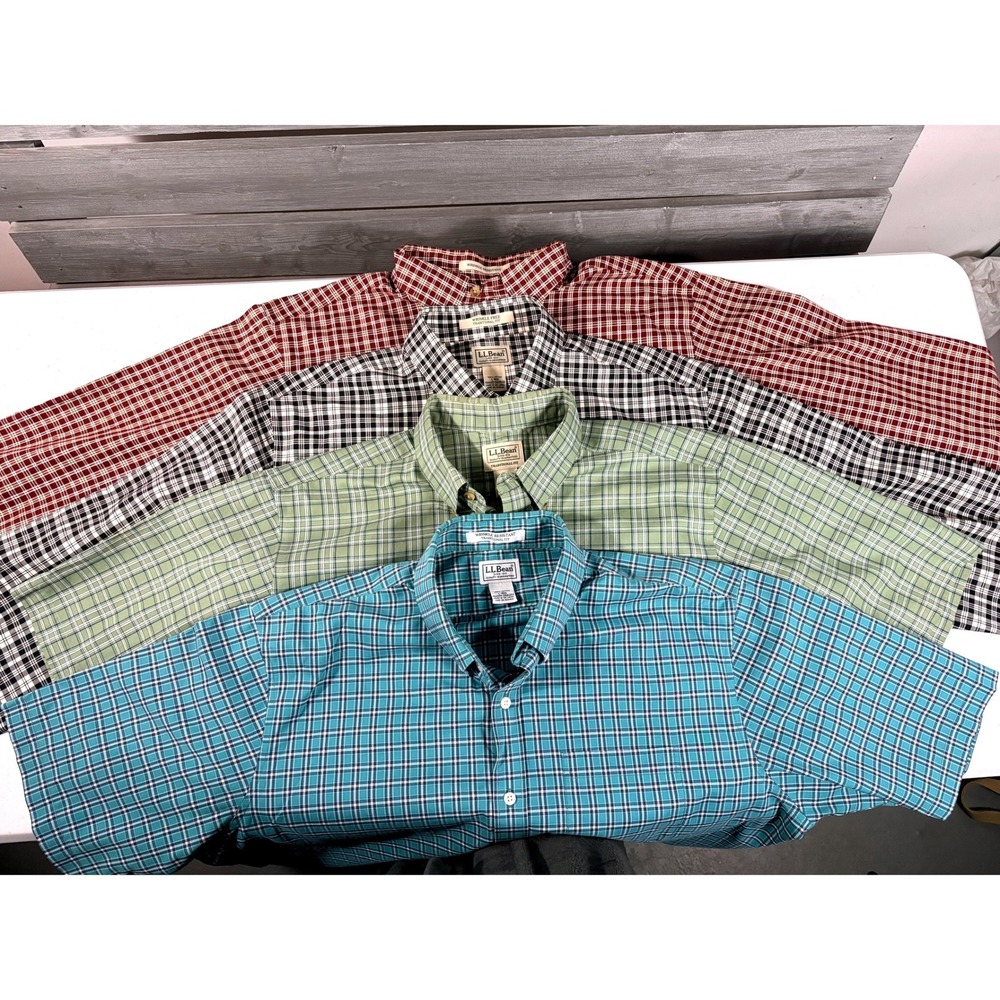 LL Bean Mens L Plaid Button Down Shirts Short/Long Sleeve Wrinkle Free
